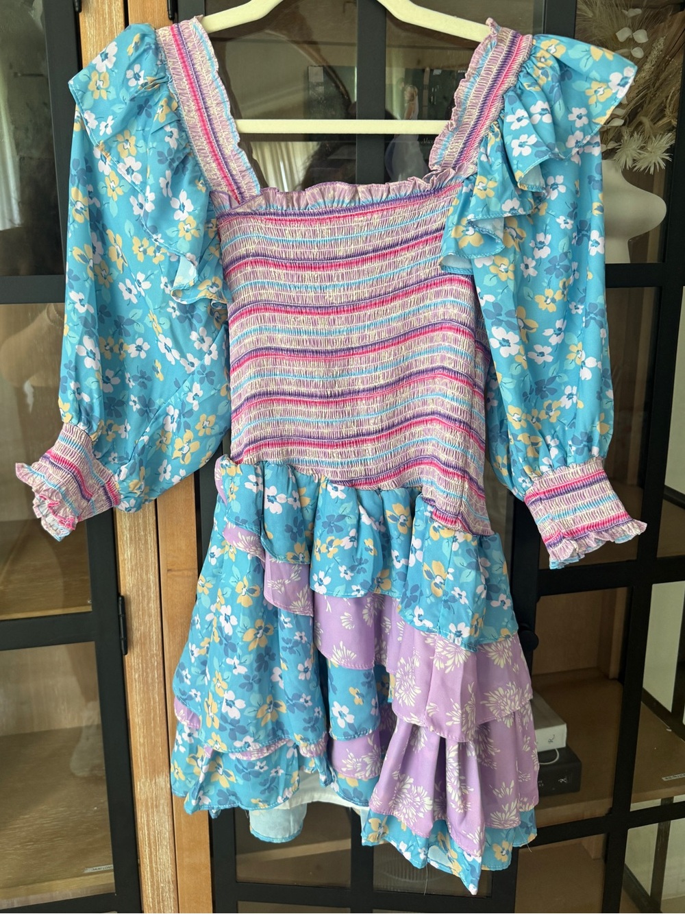 Floral smocked mini dress tiered ruffle Golden Asymmetrical puff sleeve voile